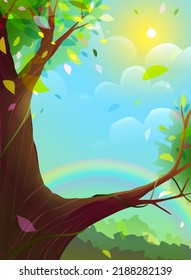 A big tree on a summer day, dreamy summer nature landscape with rainbow and empty space for text. Cute nature background illustration for kids. Illustrated vector dreamlike scenery.