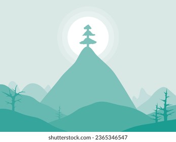 a big tree on top of the mountain.  flat landscape illustration.  vector design