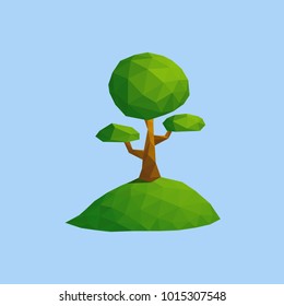 Big tree at outdoor green hill nature landscape low poly illustration
