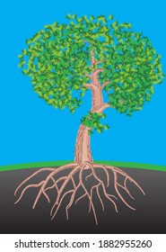 Big tree with roots deep in the ground. Vector illustration in realistic style.