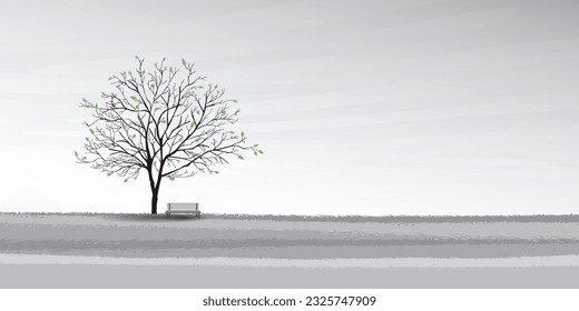 The big tree in springtime and bench with sky background black and white colors except green leaves flat design vector illustration. 