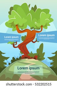 Big Tree Summer View Landscape Rural Road Green Grass Hill Blue Sky Flat Vector Illustration