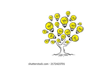 Big tree that grow light bulb on every branch. Concept of ideas development. Cartoon vector illustration design
