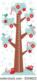 Big tree with white snow on the branches, birds and red christmas decorations. Candy, balls, stars, sock, sleigh with gifts on white background Children height meter wall sticker, kids measure. Vector