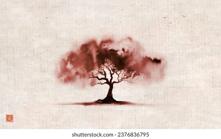 Big tree with wide crown in a field on vintage background. Traditional oriental ink painting sumi-e, u-sin, go-hua. Translation of hieroglyph - perfection.