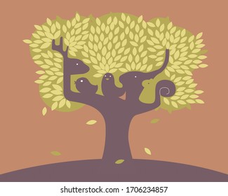 Big Tree Wild Animals, bird, elephant, deer, squirrel, tree, cute, cartoon, jungle, animal