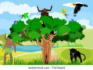 Big tree with wild animals and birds, aboriginal man under tree, vector.