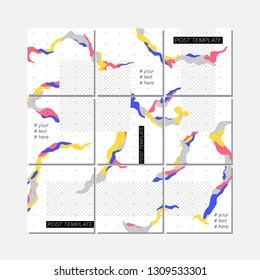 Big trendy editable puzzle template for social media post templates. For personal and business accounts. White background with abstract elements and colorful color spots. Vector illustration