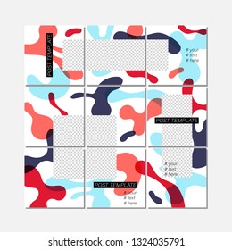 Big trendy editable puzzle template for social media post templates. For personal and business accounts. White background with abstract elements and colorful color spots. Vector illustration