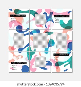 Big trendy editable puzzle template for social media post templates. For personal and business accounts. White background with abstract elements and colorful color spots. Vector illustration