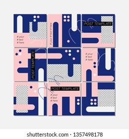 Big trendy editable puzzle template for social media post templates. For personal and business accounts. Blue and rose background with geometric elements. Vector illustration