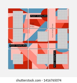 Big trendy editable puzzle template for social media post templates. For personal and business accounts. Bright geometric background with places for your photos. Vector illustration