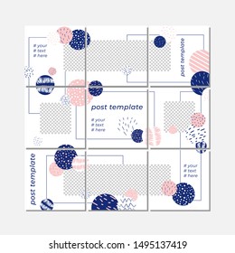 Big trendy editable puzzle template for social media post templates. For personal and business accounts. Circles with a pattern in pastel colors on a white background. With places for your photos. 