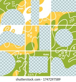 Big trendy editable puzzle template for social media post. For personal and business accounts. Abstract doodle background with geometric elements, drawn lines and a place for photography. Vector flat.