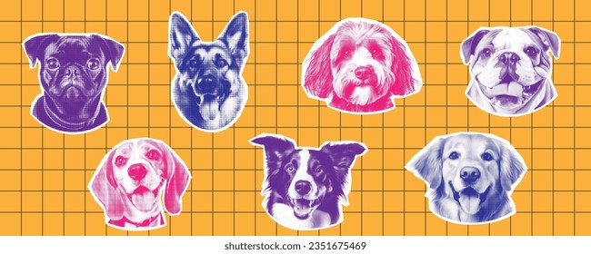 Big Trendy Halftone Collage Muzzle Hunde Aufkleber Set. Pet verschiedene Rassen auf orangefarbenem Hintergrund. Zeitgenössische Vektorgrafik