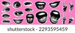 Big trendy halftone collage sticker set. Hand gestures, lips, eyes.  Retro halftone template for banner, poster, card. Contemporary vector illustration.