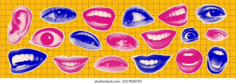 Big trendy halftone collage sticker set. Halftone lips, eyes, ear in vibrant blue and pink colors. Retro template for banner, poster, card. Contemporary vector illustration.	