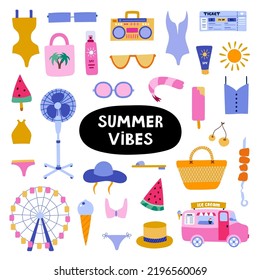 Big trendy set about summer holiday, tropical beach, hot weather, summer rest. Hand drawn vector vacation set in flat style. Isolated doodle and clipart. Seasonal drinks, entertainment, outfits
