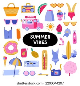 Un lugar de moda para las vacaciones de verano, playa tropical, clima caluroso, descanso de verano. Vacaciones vectoriales dibujadas a mano en estilo plano. Doodle y clipart aislados. Bebidas de temporada, animaciones, ropa