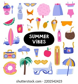 Big trendy set about summer holiday, tropical beach, hot weather, summer rest. Hand drawn vector vacation set in flat style. Isolated doodle and clipart. Seasonal drinks, entertainment, outfits
