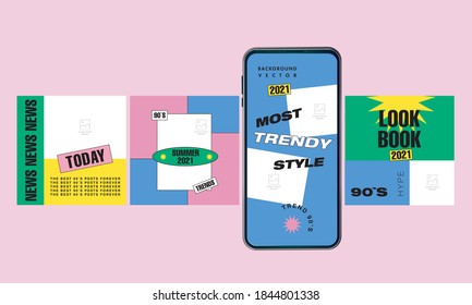 Big trendy set. For social media post templates, posts, blogs, etc. For personal and business accounts. Cool and colorful shapes. Vector illustration. 90's