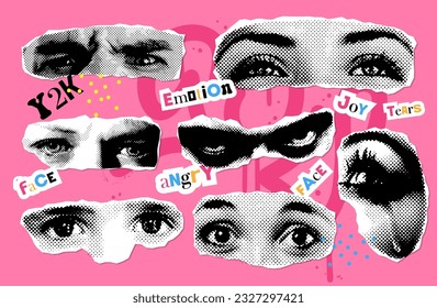 Big trendy vintage halftone collage sticker set. Human eyes with different emotions. Retro offset print template for banner, poster, card. 90s - 00s vector illustration.