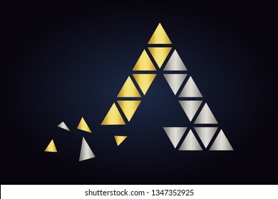 Big triangle and a lot of little triangles inside the main shape. Geometric shapes in silver and gold colors. Abstract vector logo for web and print.