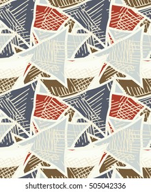 Big triangles striped with texture.Hand drawn with ink seamless background.Creative handmade repainting design for fabric or textile.Geometric pattern with triangles.Vintage retro colors