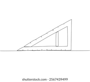 big triangular ruler for math lessons, square, geometry, technical drawing one line art. Continuous line drawing of online learning, school supplies, stationery storage, office supplies, education.