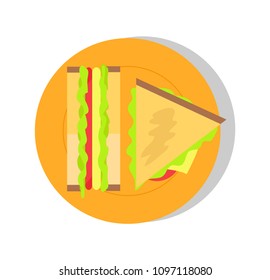 Big triangular sandwich, colorful vector banner, illustration with fresh salad in bake buns, snack and various sauces, round dish, white backdrop.