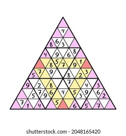 Gran ilustración vectorial de colores del juego de sudoku triangular. Complete cada línea rosa y amarilla y triángulo grande con números de 1 a 9 una sola vez