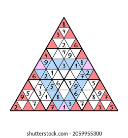 Big triangular sudoku game for kids vector illustration. Place number from 1 to 9 in each red and blue lines and big triangles just once