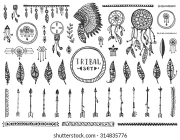 Big tribal vector elements collection. Hand drawn indian illustration with dream catchers, arrows and feathers.