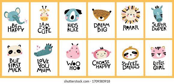 Big tropical collection. Cute face of an animal with lettering. Childish print for nursery in a Scandinavian style. Ideal for baby posters, cards, clothes. Vector cartoon illustration in pastel colors