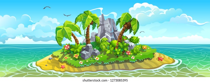 Big tropical island among sea. Palm trees, sandy beach and rocks. Vector landscape panorama.
