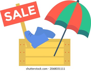 Big tropical item beach sale, stuff umbrella and shoes lie wooden box, concept clearance flat vector illustration, isolated on white.