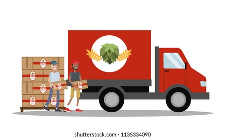 Big truck of beer bottles. Smiling men carrying wooden boxes with beer to the vehicle. Isolated vector flat illustration