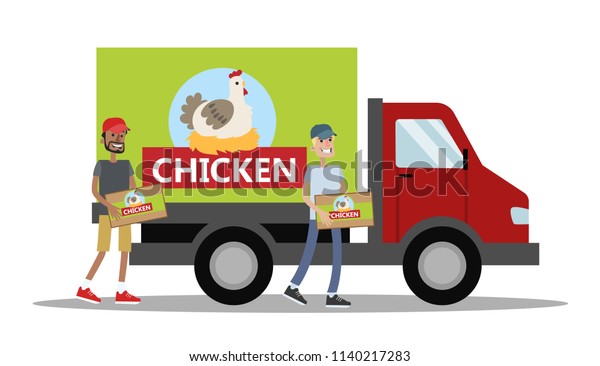Big truck with chicken meat. Smiling men\
carrying wooden boxes with chicken to the vehicle. Isolated vector\
flat illustration