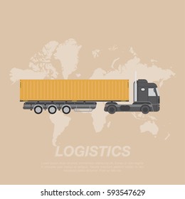 Big truck with container vector illustration on background of the world map.. View the front and side.