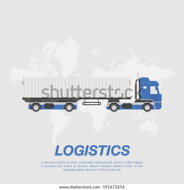 Big truck with container\
vector illustration on background of the world map.. View the front\
and side.