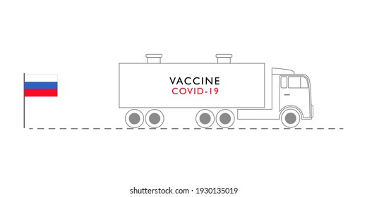 Big truck delivering russian vaccine for covid, coronavirus to other countries. Concept vector illustration with Sputnic supply.
