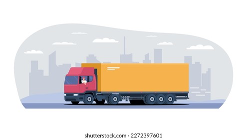 Big truck with a driver rides on the background of an abstract cityscape. Vector illustration.