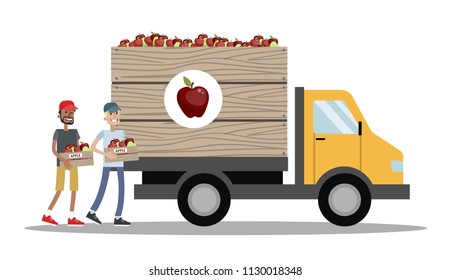 Big truck full of apples. Harvest time on the farm. Farmers carrying fresh fruits to the vehicle. Isolated vector flat illustration