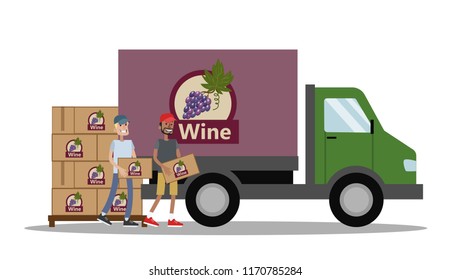 Big Truck Full Of Of Bottles Of Wine. Alcohol Manufacture. Workers Carrying Boxes With Bottles To The Vehicle. Fast Delivery. Isolated Vector Flat Illustration