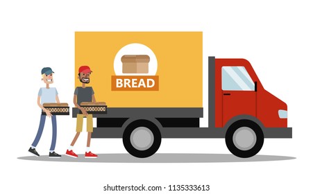 Big truck full of bread. Smiling men carrying boxes with bread to the vehicle. Isolated vector flat illustration