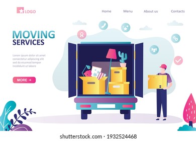 Big truck full of different household items. Van with lots of boxes and furniture Concept of moving service and freight company. Loader holds cardboard box. Landing page template. Vector illustration