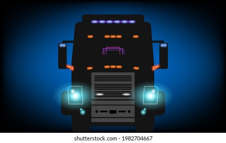 Big Truck With Glowing Headlights And Lens Flare On The Dark Night Road. Front View. Vector Illustration Of Transporting Cargo By Truck. 