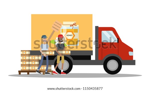 Big truck\
with honey. Smiling men carrying wooden boxes with honey to the\
vehicle. Isolated vector flat\
illustration
