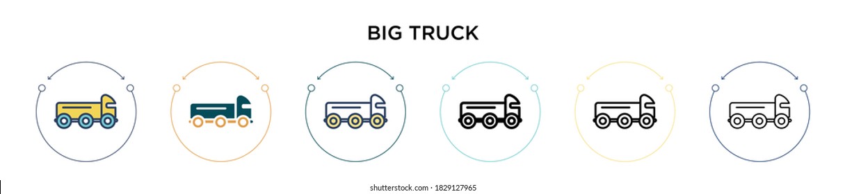 Big truck icon in filled, thin line, outline and stroke style. Vector illustration of two colored and black big truck vector icons designs can be used for mobile, ui, web