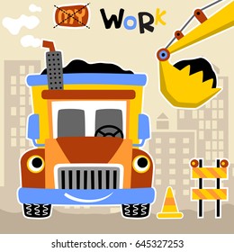 Big Truck On Work Zone, Vector Cartoon Illustration